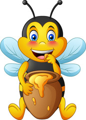 Cartoon cute bee with clay pot full of honey. vector illustration