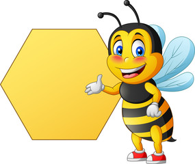 Cartoon cute bee pointing to signboard. vector illustration