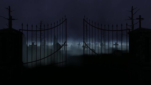 Graveyard with old gate, fog and rain and thunder