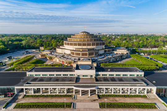 Hala Stulecia and pergola Wrocław, Poland drone beautiful shot.