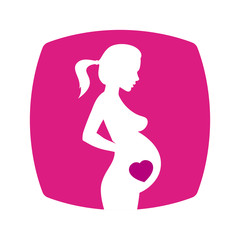 Obraz na płótnie Canvas Silhouette of pregnant woman with heart on pink background