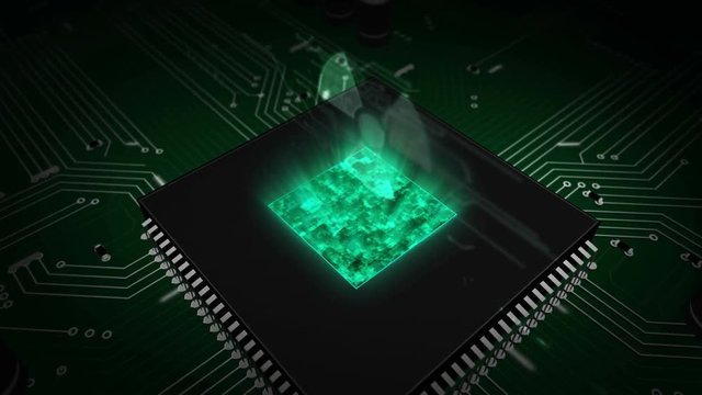 Nucelar danger symbol glowing hologram over working cpu in background. Modern and futuristic concept of cyber war,  nuclear conflict, science, energy and radioactive warning. 3D animation.