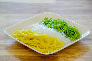 Yellow noodle glass noodle and green noodle
