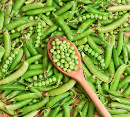 Pea pod with leaves background on a wooden table