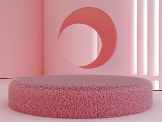 3d rendering. Minimal scene to show beauty summer products. Scene with minimalistic shapes, arches and circle in the background, minimal geometrical forms mirrors. Pink pastel colors. Textured podium.