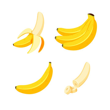 Vector banana. Bunches of fresh banana fruits isolated on white background, set of cartoon and flat vector illustrations