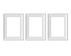 Set 3 2x3 A4 Vertical Portrait picture frame mockup. Realisitc paper, wooden or plastic white blank. Isolated poster frame mock up template on white background. 3D render.