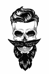 Monochrome illustration barbershop of skull with beard, mustache, hipster haircut and on white background, cartoon, angry, beautiful, brutal.