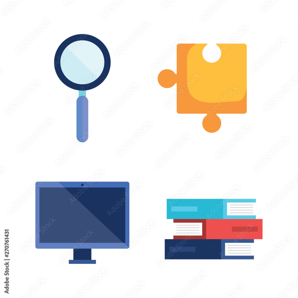 Poster set of magnifying glass with puzzle and computer technology with books