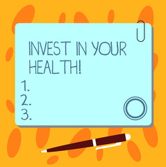 Text sign showing Invest In Your Health. Conceptual photo Spend money in demonstratingal healthcare Preventive Tests Blank Square Color Board with Magnet Click Ballpoint Pen Pushpin and Clip