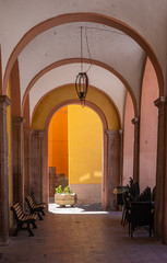 Constitution Square, arcades, Bosa, province of Oristano, a picturesque village of ancient origins,...