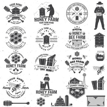 Set of Honey bee farm badge. Vector. Concept for print, stamp or tee. Vintage typography design with bee, honeycomb piece, hive and honey dipper silhouette. Design for honey bee farm business