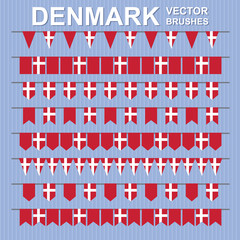 Set of vector pattern brushes on striped background. Garland of danish flags. Denmark. Red, white.