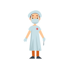 Girl Doctor Character in White Coat with Scalpel, Kid Dreaming of Future Profession Vector Illustration