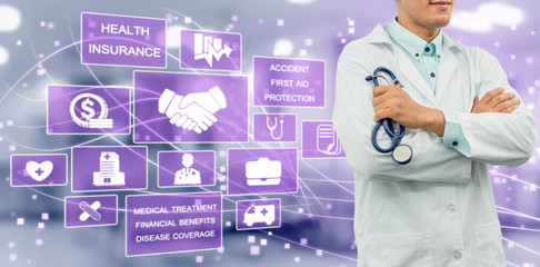 Health Insurance Concept - Doctor in hospital with health insurance related icon graphic interface...