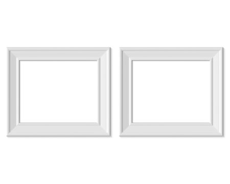 Set 2 4x5 Horizontal Landscape picture frame mockup. Realisitc paper, wooden or plastic white blank. Isolated poster frame mock up template on white background. 3D render.