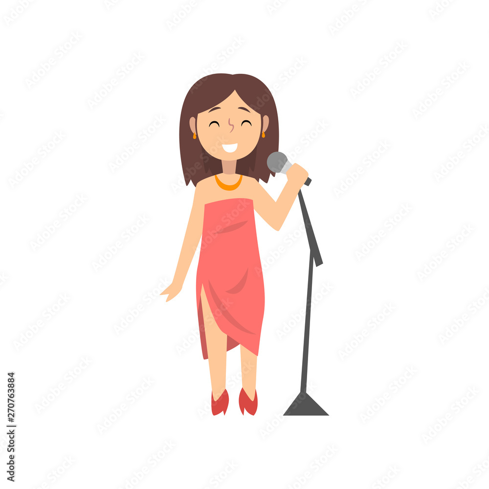 Sticker Girl Singer Character Singing with Microphone, Kid Dreaming of Future Profession Vector Illustration