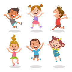 Happy multiracial kids joyfully jumping and laughing. Cartoon character design, isolated on white background. Set 2 of 3.