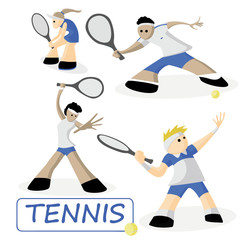 Tennis. Set of 4 athletes. Sport vector characters. Blue shape, different race