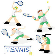 Tennis. Set of 4 athletes. Sport vector characters. Green shape