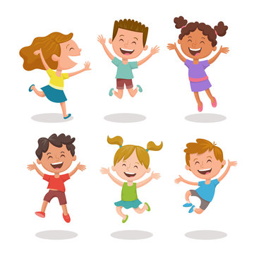 Happy multiracial kids joyfully jumping and laughing. Cartoon character design, isolated on white background. Set 3 of 3.