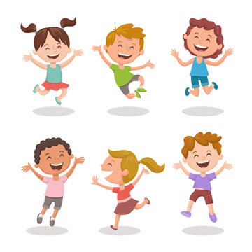 Happy multiracial kids joyfully jumping and laughing. Cartoon character design, isolated on white background. Set 1 of 3.