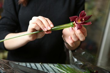 florist makes a floral arrangement. the hands of the florist insert a flower into the floral flask
