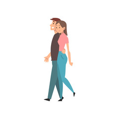 Happy Romantic Couple Walking Together, Young Man and Beautiful Woman on Date, Happy Lovers Characters Vector Illustration