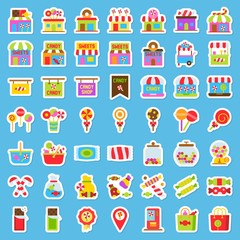 Sweet shop related sticker icon set, vector illustration