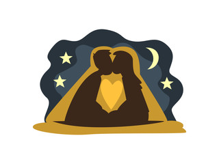 Silhouettes of Kissing Man and Woman Against Backdrop of Moon and Starry Sky, Happy Romantic Couple on Date, Happy Lovers Characters Vector Illustration © topvectors