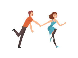 Fototapeta na wymiar Happy Romantic Couple Running Holding Hands, Young Man and Beautiful Woman on Date, Happy Lovers Characters Vector Illustration