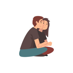 Young Man and Beautiful Woman Sitting on Ground and Hugging, Happy Romantic Couple on Date, Back View, Happy Lovers Characters Vector Illustration
