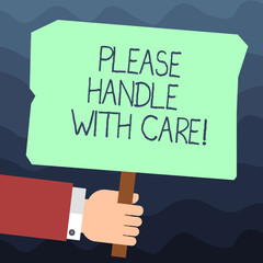 Text sign showing Please Handle With Care. Conceptual photo Fragile be careful during transportation shipping Hu analysis Hand Holding Blank Colored Placard with Stick photo Text Space