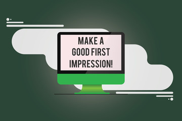 Conceptual hand writing showing Make A Good First Impression. Business photo text Introduce yourself in a great look and mood Mounted Computer Monitor Blank Screen on Abstract Background
