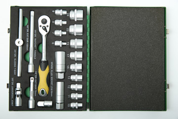 template of socket wrenches in a case with foam rubber with copy space