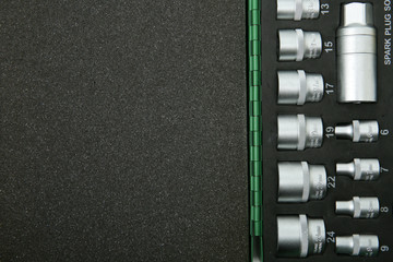 template of socket wrenches in a case with foam rubber with copy space