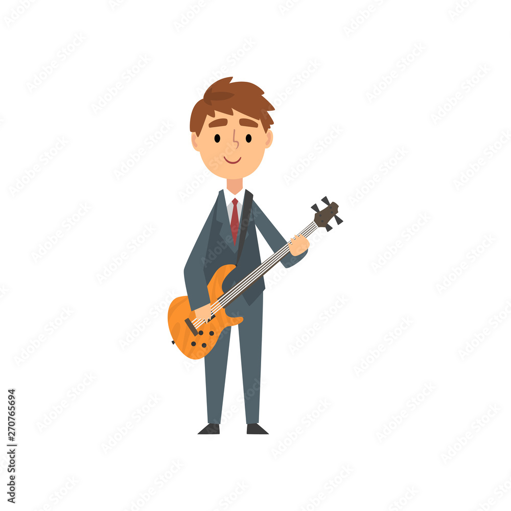 Poster Boy Playing Electric Guitar, Talented Young Musician Character Playing String Musical Instrument Vector Illustration