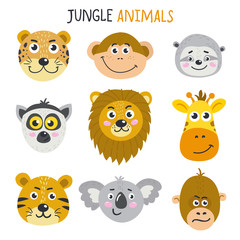 Vector set of cute faces of animals from jungle