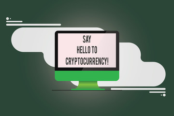 Conceptual hand writing showing Say Hello To Cryptocurrency. Business photo text Introducing decentralized money exchange Mounted Computer Monitor Blank Screen on Abstract Background