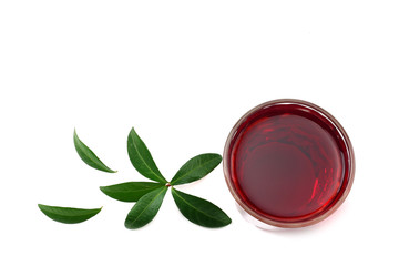 Pomegranate juice with pomegranate isolated on a white background top view. juice in glass