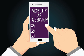 Writing note showing Mobility As A Service. Business photo showcasing Mobile online technologies assistance support Hu analysis Hands Holding Pointing Smartphone Blank Color Screen