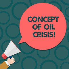 Text sign showing Concept Of Oil Crisis. Conceptual photo Petroleum prices dropping lower monetary value Hu analysis Hand Holding Megaphone Blank Round Color Speech Bubble photo