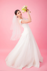 Beautiful asian bride portrait in pink studio - 270767272