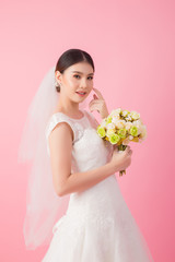 Beautiful asian bride portrait in pink studio - 270767446
