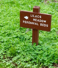 A small wood lilacs meadow sign in the green grass.