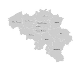 Vector isolated illustration of simplified administrative map of Belgium. Borders and names of the provinces (regions). Grey silhouettes. White outline