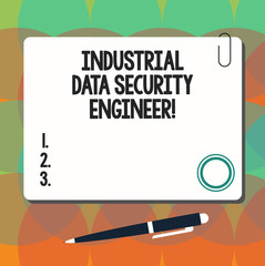 Conceptual hand writing showing Industrial Data Security Engineer. Business photo showcasing Technology network system engineering Square Color Board with Magnet Click Ballpoint Pen and Clip
