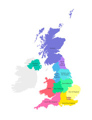 Vector isolated illustration of simplified administrative map of the United Kingdom of Great Britain and Northern Ireland. Borders and names of the regions. Multi colored silhouettes