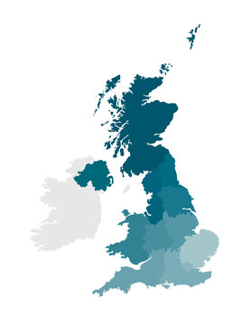 Vector isolated illustration of simplified administrative map of the United Kingdom of Great Britain and Northern Ireland. Borders of the regions. Colorful blue khaki silhouettes