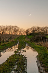 A contrail reflected in a trail running through a rural area in east flanders.